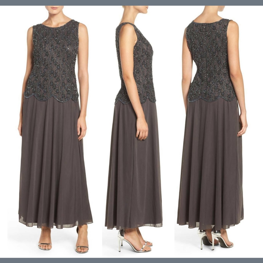 NEW $228 Pisarro Nights Embellished Lace Mesh Gown Slate [PETITE‎ SZ 16P ]